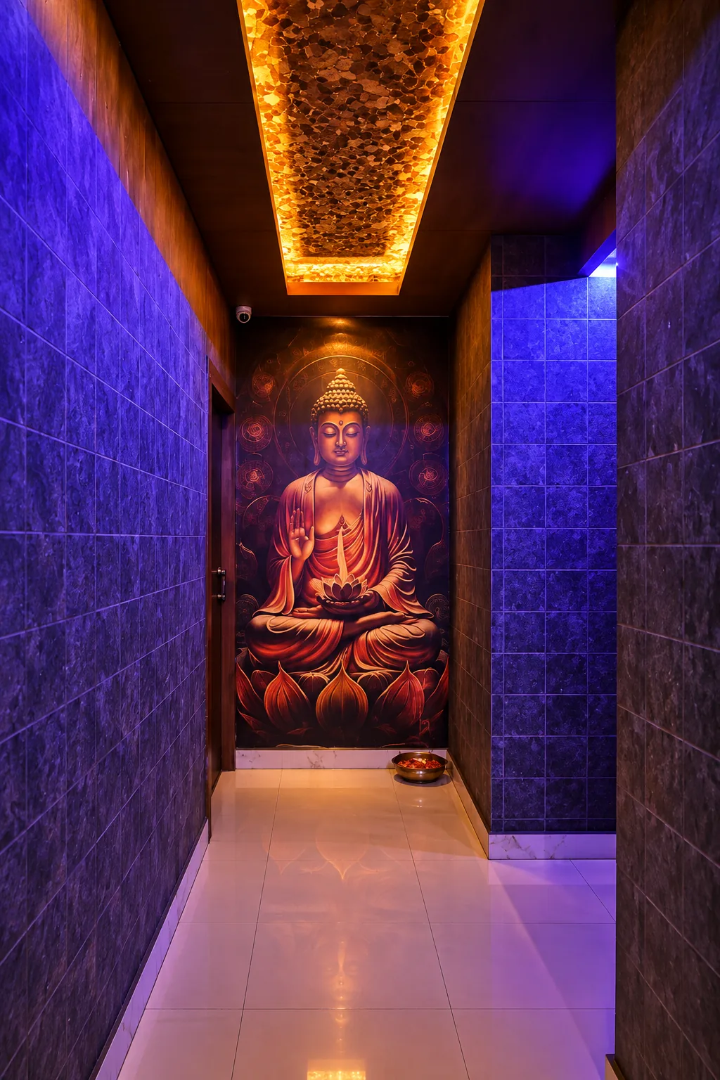 Spa corridor with a Buddha mural and amber ceiling light